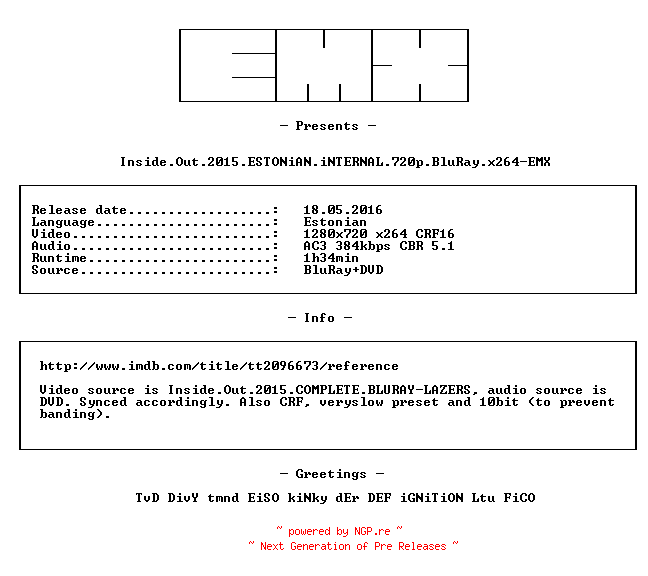 NFO for the release Inside.Out.2015.ESTONiAN.iNTERNAL.720p.BluRay.x264-EMX by EMX