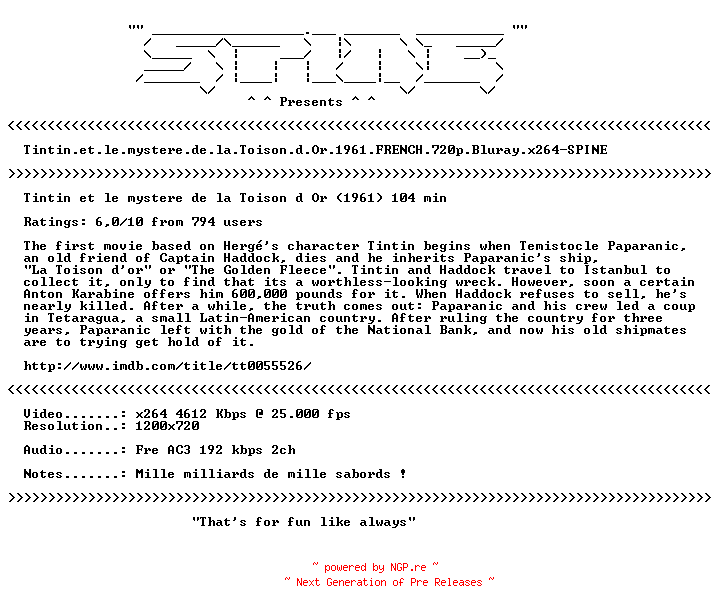 NFO for the release Tintin.et.le.mystere.de.la.Toison.d.Or.1961.FRENCH.720p.Bluray.x264-SPINE by SPINE