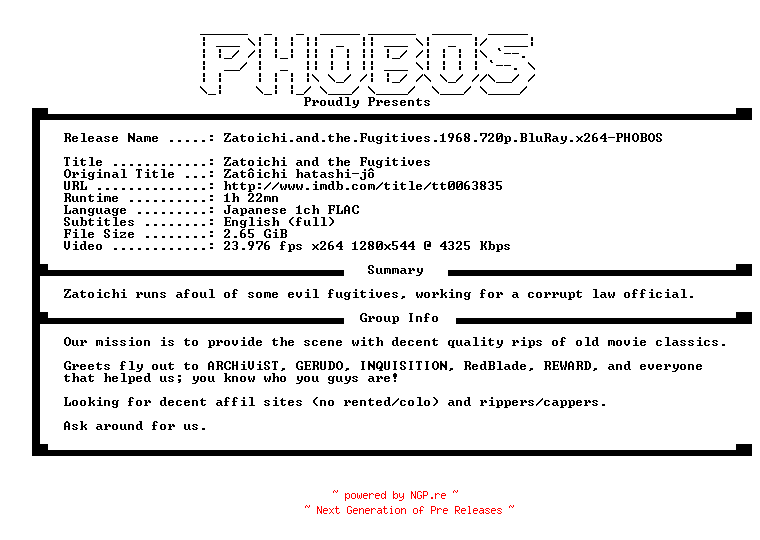 NFO for the release Zatoichi.and.the.Fugitives.1968.720p.BluRay.x264-PHOBOS by PHOBOS