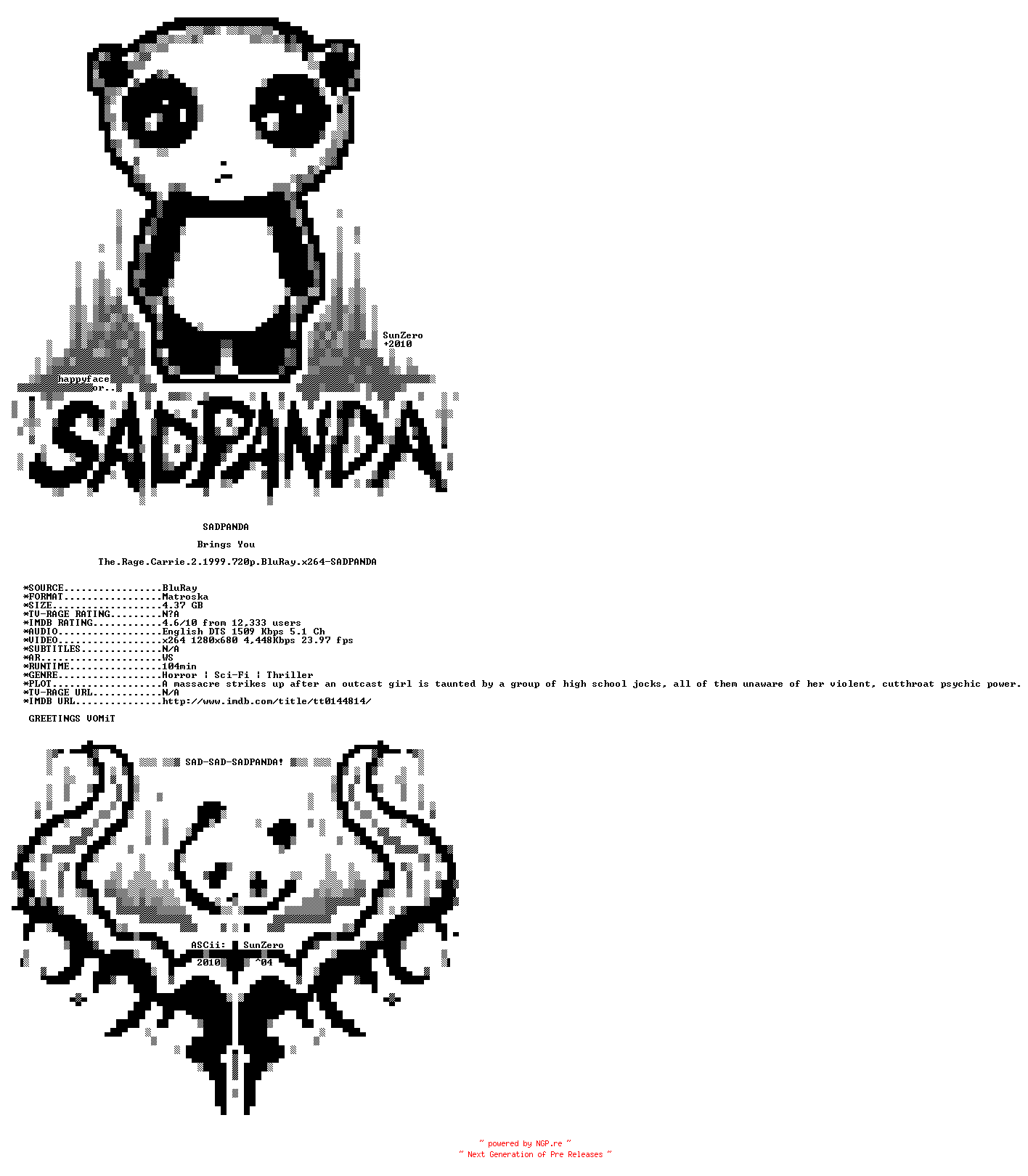 NFO for the release The.Rage.Carrie.2.1999.720p.BluRay.x264-SADPANDA by SADPANDA