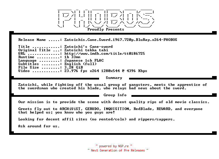 NFO for the release Zatoichis.Cane.Sword.1967.720p.BluRay.x264-PHOBOS by PHOBOS