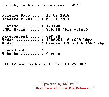 NFO for the release Im.Labyrinth.des.Schweigens.2014.German.720p.BluRay.x264-EXQUiSiTE by EXQUiSiTE