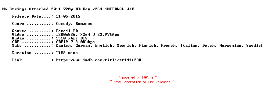 NFO for the release No.Strings.Attached.2011.720p.BluRay.x264.iNTERNAL-J4F by J4F