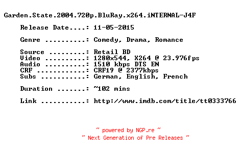 NFO for the release Garden.State.2004.720p.BluRay.x264.iNTERNAL-J4F by J4F
