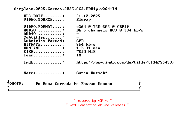 NFO for the release Airplane.2025.German.2025.AC3.BDRip.x264-TM by TM