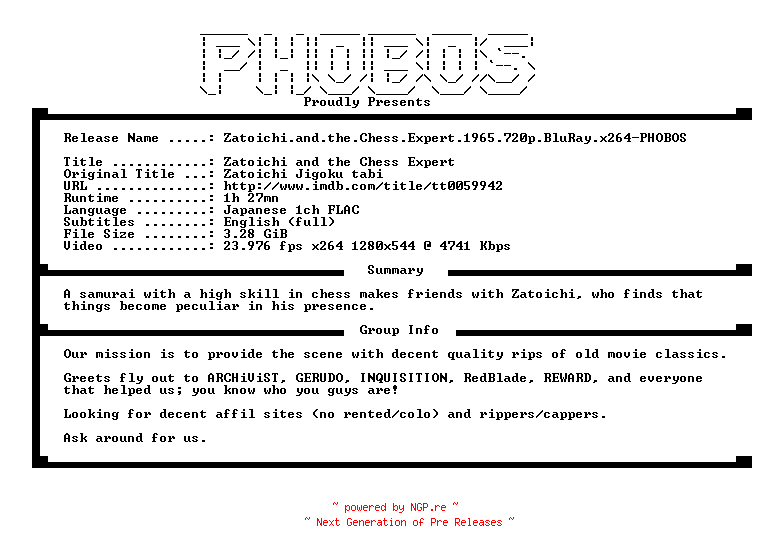 NFO for the release Zatoichi.and.the.Chess.Expert.1965.720p.BluRay.x264-PHOBOS by PHOBOS