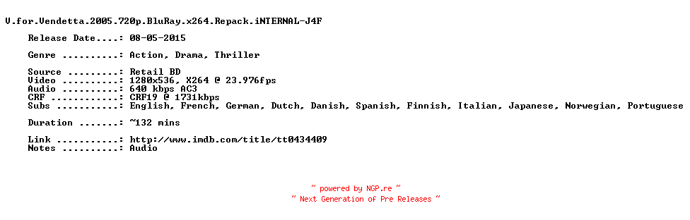 NFO for the release V.for.Vendetta.2005.720p.BluRay.x264.Repack.iNTERNAL-J4F by J4F