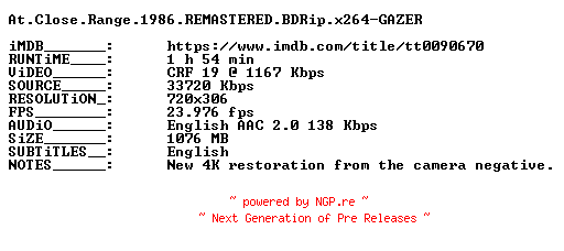 NFO for the release At.Close.Range.1986.REMASTERED.BDRip.x264-GAZER by GAZER