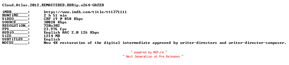 NFO for the release Cloud.Atlas.2012.REMASTERED.BDRip.x264-GAZER by GAZER