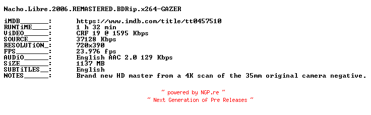 NFO for the release Nacho.Libre.2006.REMASTERED.BDRip.x264-GAZER by GAZER