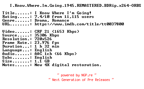 NFO for the release I.Know.Where.Im.Going.1945.REMASTERED.BDRip.x264-ORBS by ORBS