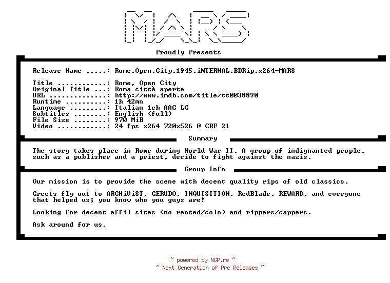 NFO for the release Rome.Open.City.1945.iNTERNAL.BDRip.x264-MARS by MARS