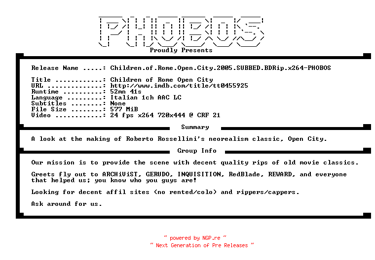 NFO for the release Children.of.Rome.Open.City.2005.SUBBED.BDRip.x264-PHOBOS by PHOBOS