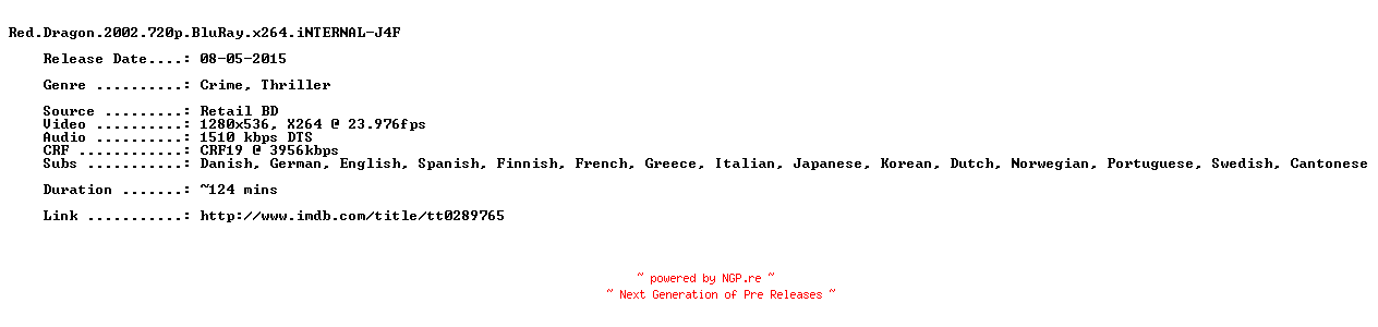 NFO for the release Red.Dragon.2002.720p.BluRay.x264.iNTERNAL-J4F by J4F
