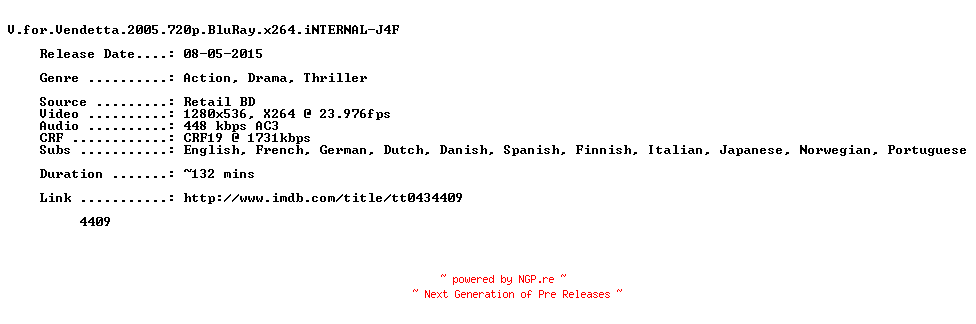 NFO for the release V.for.Vendetta.2005.720p.BluRay.x264.iNTERNAL-J4F by J4F