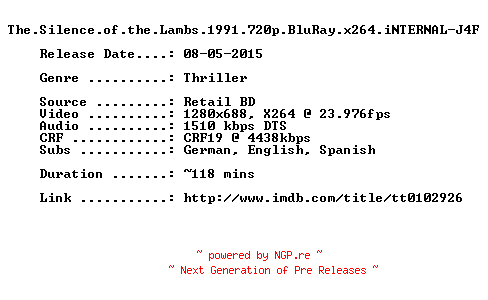 NFO for the release The.Silence.of.the.Lambs.1991.720p.BluRay.x264.iNTERNAL-J4F by J4F