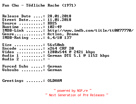 NFO for the release Fan.Chu.Toedliche.Rache.1971.German.720p.BluRay.x264-SPiCY by SPiCY