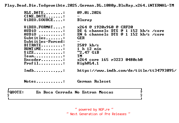 NFO for the release Play.Dead.Die.Todgeweihte.2025.German.DL.1080p.BluRay.x264.iNTERNAL-TM by TM