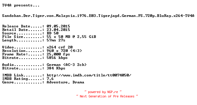 NFO for the release Sandokan.Der.Tiger.von.Malaysia.1976.E03.Tigerjagd.German.FS.720p.BluRay.x264-TV4A by TV4A
