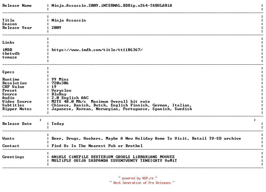 NFO for the release Ninja.Assassin.2009.iNTERNAL.BDRip.x264-TABULARiA by TABULARiA