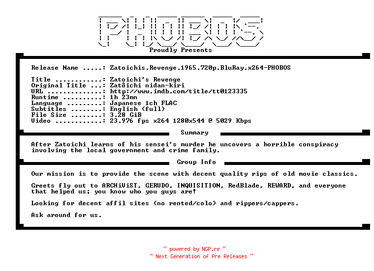 NFO for the release Zatoichis.Revenge.1965.720p.BluRay.x264-PHOBOS by PHOBOS