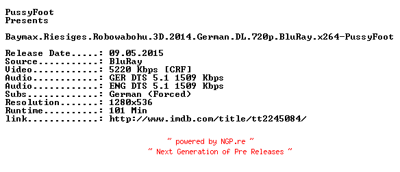 NFO for the release Baymax.Riesiges.Robowabohu.3D.2014.German.DL.720p.BluRay.x264-PussyFoot by PussyFoot