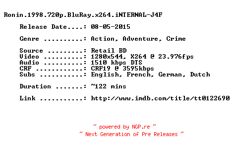 NFO for the release Ronin.1998.720p.BluRay.x264.iNTERNAL-J4F by J4F