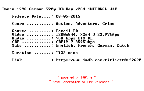NFO for the release Ronin.1998.German.720p.BluRay.x264.iNTERNAL-J4F by J4F
