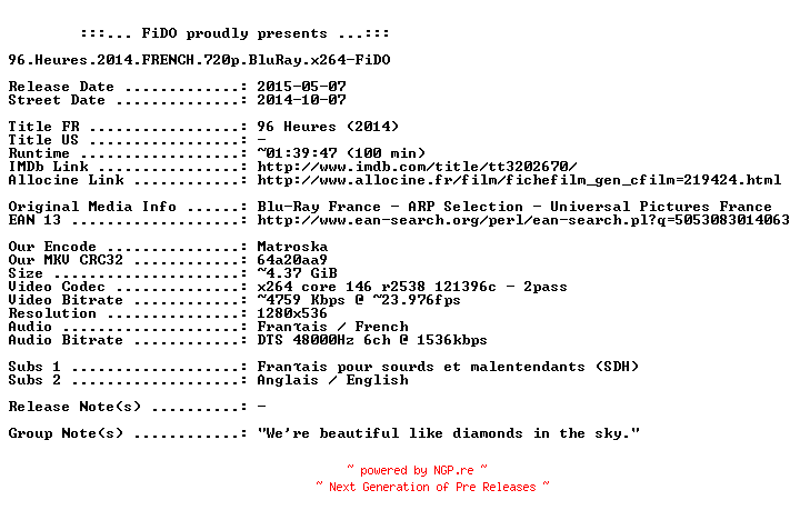 NFO for the release 96.Heures.2014.FRENCH.720p.BluRay.x264-FiDO by FiDO