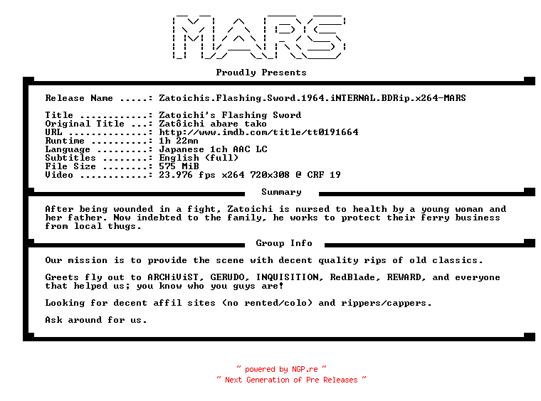 NFO for the release Zatoichis.Flashing.Sword.1964.iNTERNAL.BDRip.x264-MARS by MARS
