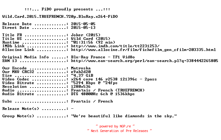 NFO for the release Wild.Card.2015.TRUEFRENCH.720p.BluRay.x264-FiDO by FiDO