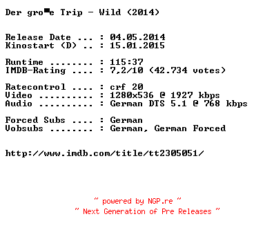 NFO for the release Der.grosse.Trip.Wild.German.720p.BluRay.x264-EXQUiSiTE by EXQUiSiTE