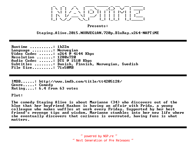 NFO for the release Staying.Alive.2015.NORWEGiAN.720p.BluRay.x264-NAPTiME by NAPTiME