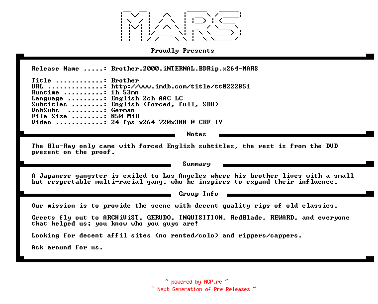 NFO for the release Brother.2000.iNTERNAL.BDRip.x264-MARS by MARS