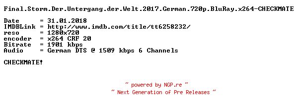 NFO for the release Final.Storm.Der.Untergang.der.Welt.2017.German.720p.BluRay.x264-CHECKMATE by CHECKMATE