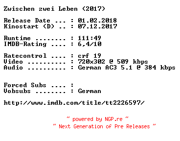 NFO for the release Zwischen.zwei.Leben.German.2017.AC3.BDRip.x264-COiNCiDENCE by COiNCiDENCE