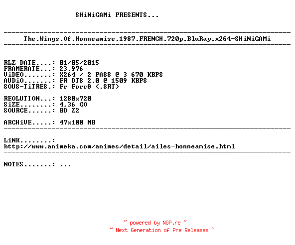 NFO for the release The.Wings.Of.Honneamise.1987.FRENCH.720p.BluRay.x264-SHiNiGAMi by SHiNiGAMi