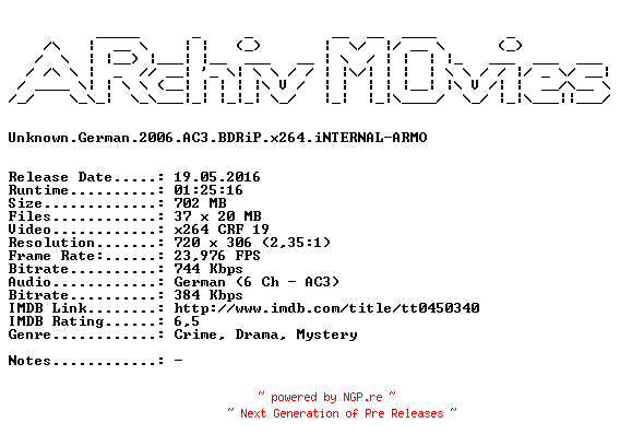 NFO for the release Unknown.German.2006.AC3.BDRiP.x264.iNTERNAL-ARMO by ARMO