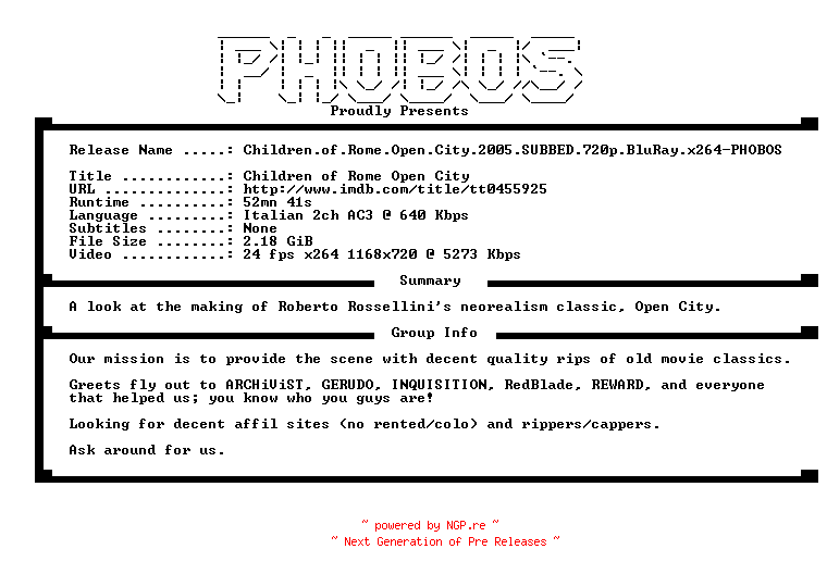 NFO for the release Children.of.Rome.Open.City.2005.SUBBED.720p.BluRay.x264-PHOBOS by PHOBOS