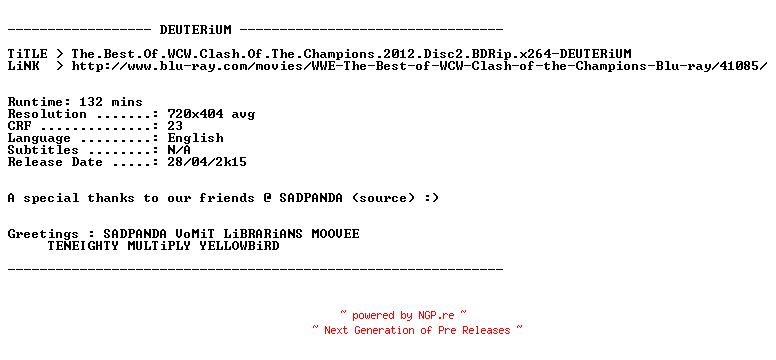NFO for the release The.Best.Of.WCW.Clash.Of.The.Champions.2012.Disc2.BDRip.x264-DEUTERiUM by DEUTERiUM