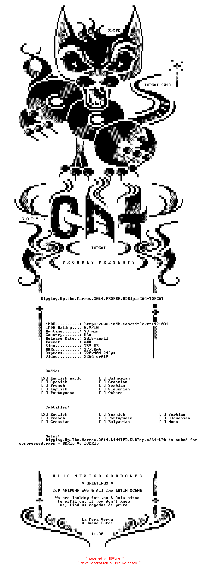 NFO for the release Digging.Up.the.Marrow.2014.PROPER.BDRip.x264-TOPCAT by TOPCAT