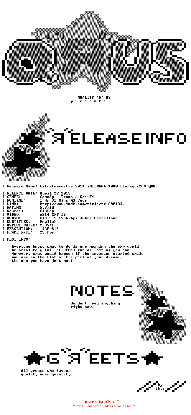 NFO for the release Extraterrestre.2011.iNTERNAL.1080.BluRay.x264-QRUS by QRUS