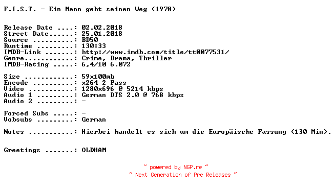 NFO for the release F.I.S.T.-.Ein.Mann.geht.seinen.Weg.1978.KiNOFASSUNG.German.720p.BluRay.x264-SPiCY by SPiCY