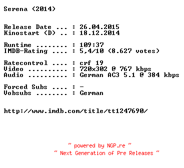 NFO for the release Serena.German.BDRiP.x264-EXQUiSiTE by EXQUiSiTE