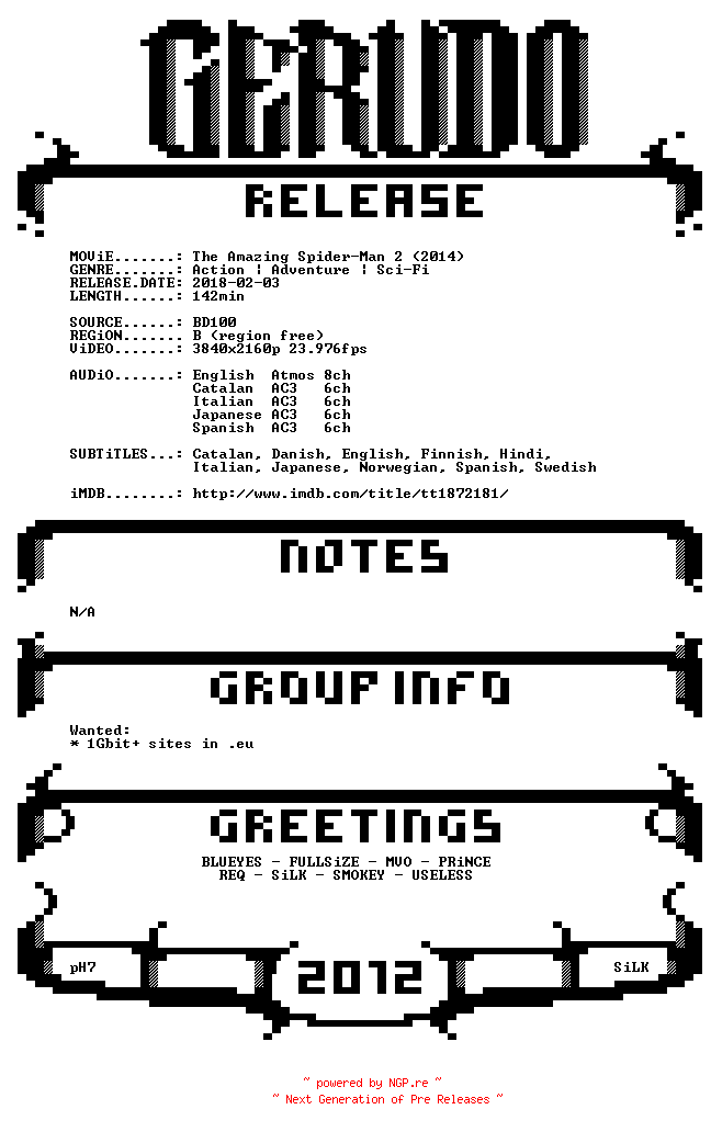 NFO for the release The.Amazing.Spider-Man.2.2014.MULTiSUBS.COMPLETE.UHD.BLURAY-GERUDO by GERUDO