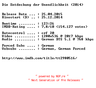 NFO for the release Die.Entdeckung.der.Unendlichkeit.German.720p.BluRay.x264-EXQUiSiTE by EXQUiSiTE