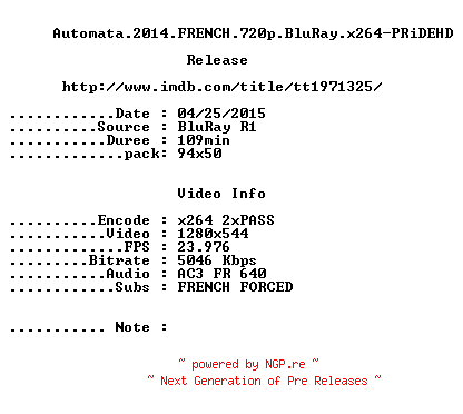 NFO for the release Automata.2014.FRENCH.720p.BluRay.x264-PRiDEHD by PRiDEHD