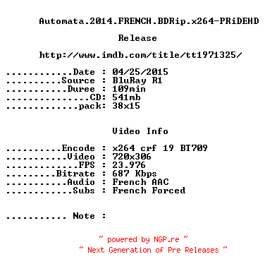 NFO for the release Automata.2014.FRENCH.BDRip.x264-PRiDEHD by PRiDEHD