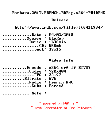 NFO for the release Barbara.2017.FRENCH.BDRip.x264-PRiDEHD by PRiDEHD