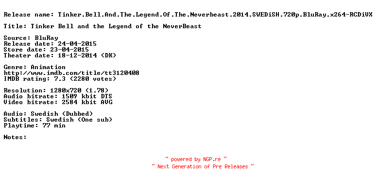 NFO for the release Tinker.Bell.And.The.Legend.Of.The.Neverbeast.2014.SWEDiSH.720p.BluRay.x264-RCDiVX by RCDiVX
